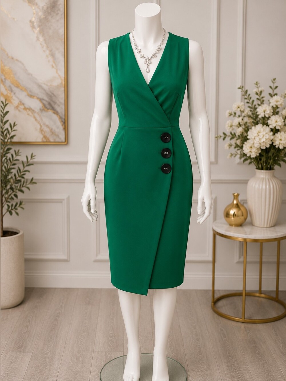Green Sleeveless Wrap Sheath Dress with Button Detail